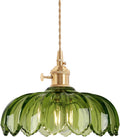 Pendant Light with Green Scindapsus Glass Lampshade - Vintage Brass