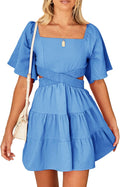 Women's Cotton Summer Dress Square Neck Short Sleeves - Casual Mini
