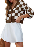 Dokotoo Womens Checkered V Neck Cropped Cable Knit Cardigan - Cozy You