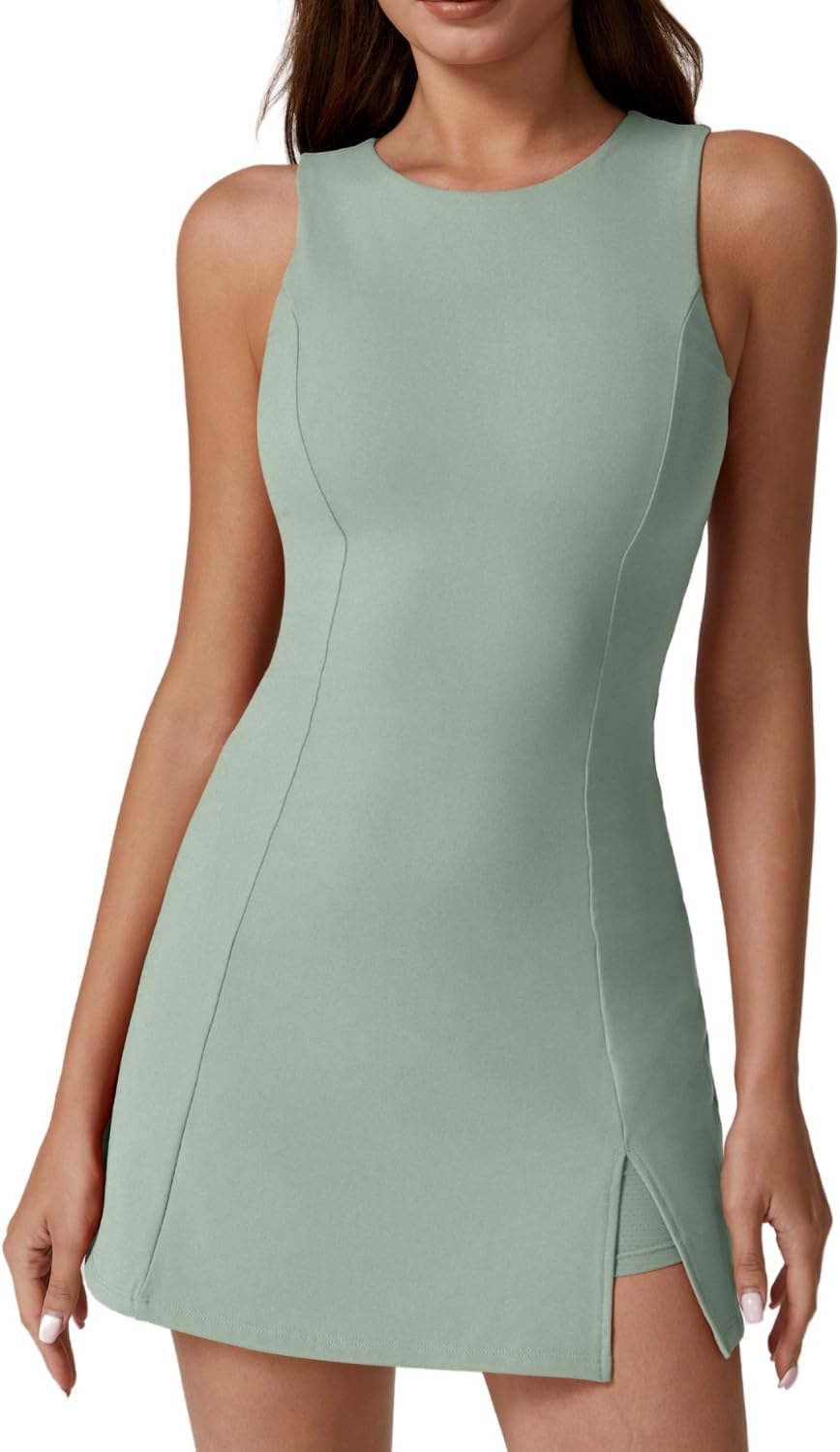 QINSEN Womens Crew Neck Tennis Dress with Built-in Shorts