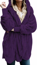 Women Hooded Fleece Cardigan - Fuzzy Open Front Jacket Cozy Fit