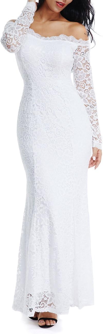 LALAGEN Women's Floral Lace Long Sleeve Off Shoulder Dress