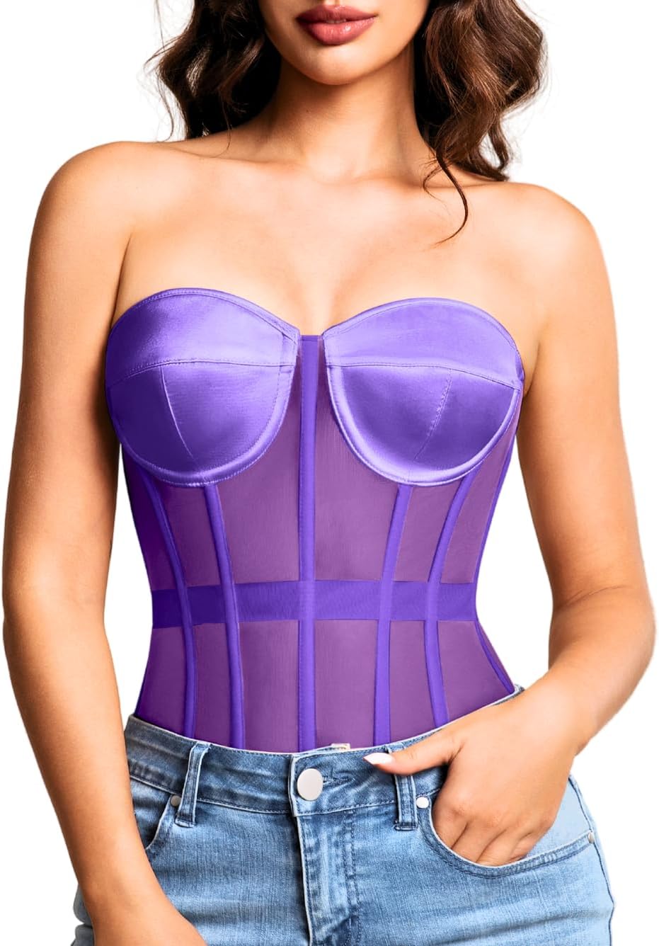 Kaei&Shi Sheer Mesh Overbust Corset for Sexy Shapewear