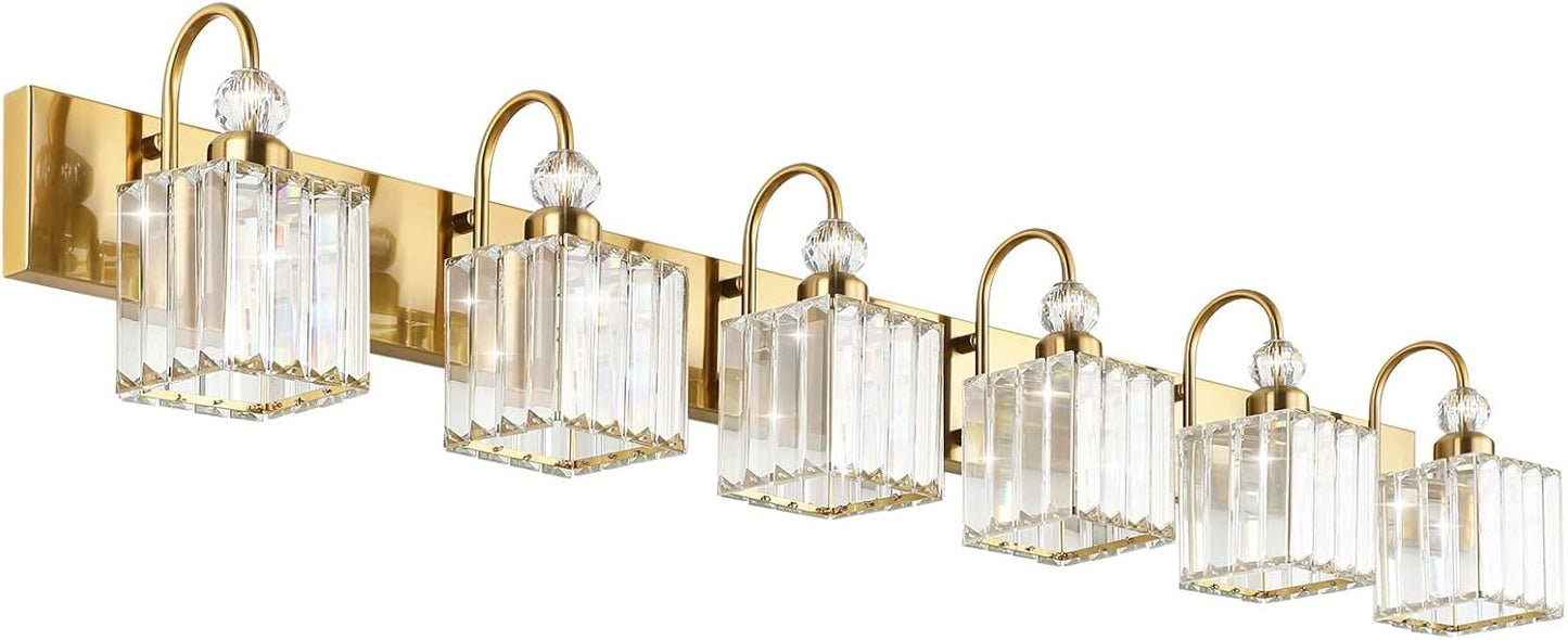 Modern Gold Vanity Lights - 6-Light Crystal Fixture for Bath