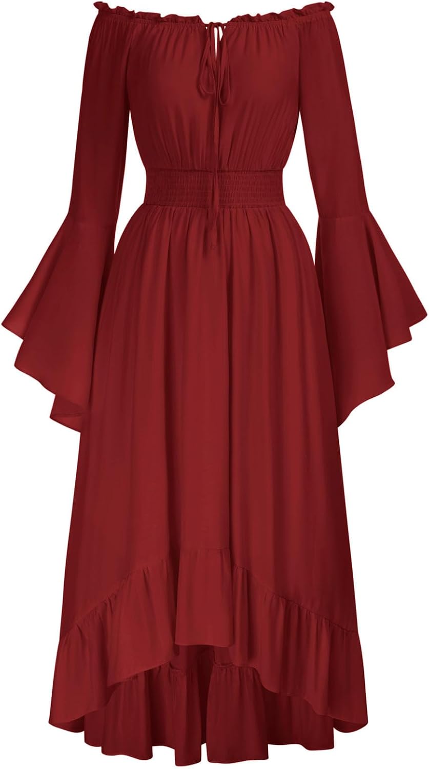 Renaissance Faire Costume Women Off Shoulder Long Bell Sleeve Dress