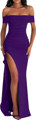 LAGSHIAN Elegant Bodycon Off Shoulder High Split Ruched Evening Dress