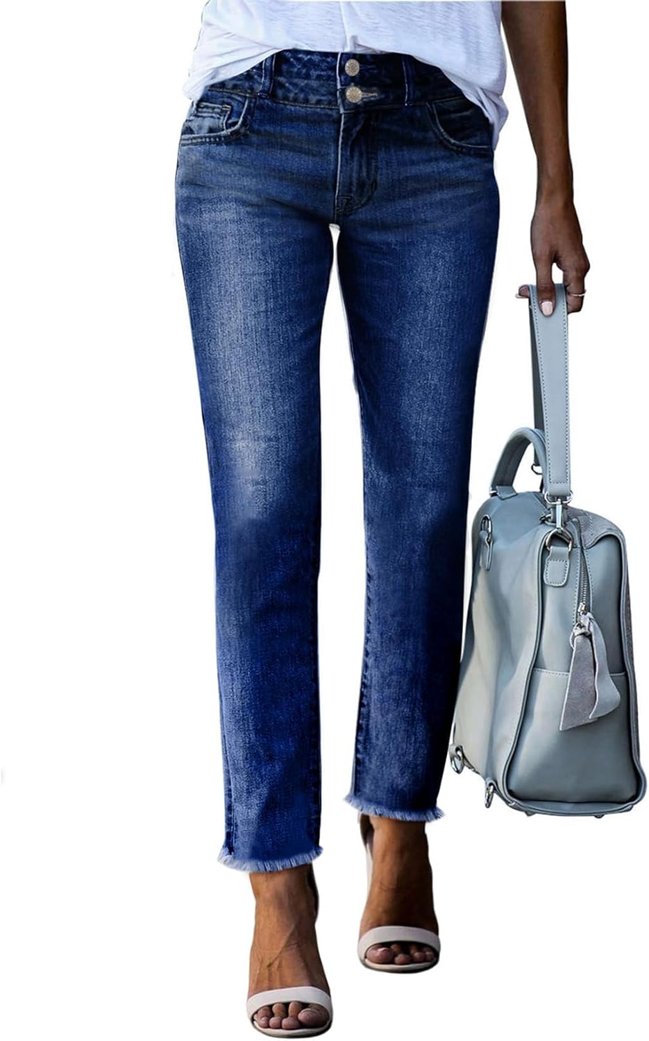 High Waisted Straight Leg Jeans with Raw Hem for Women