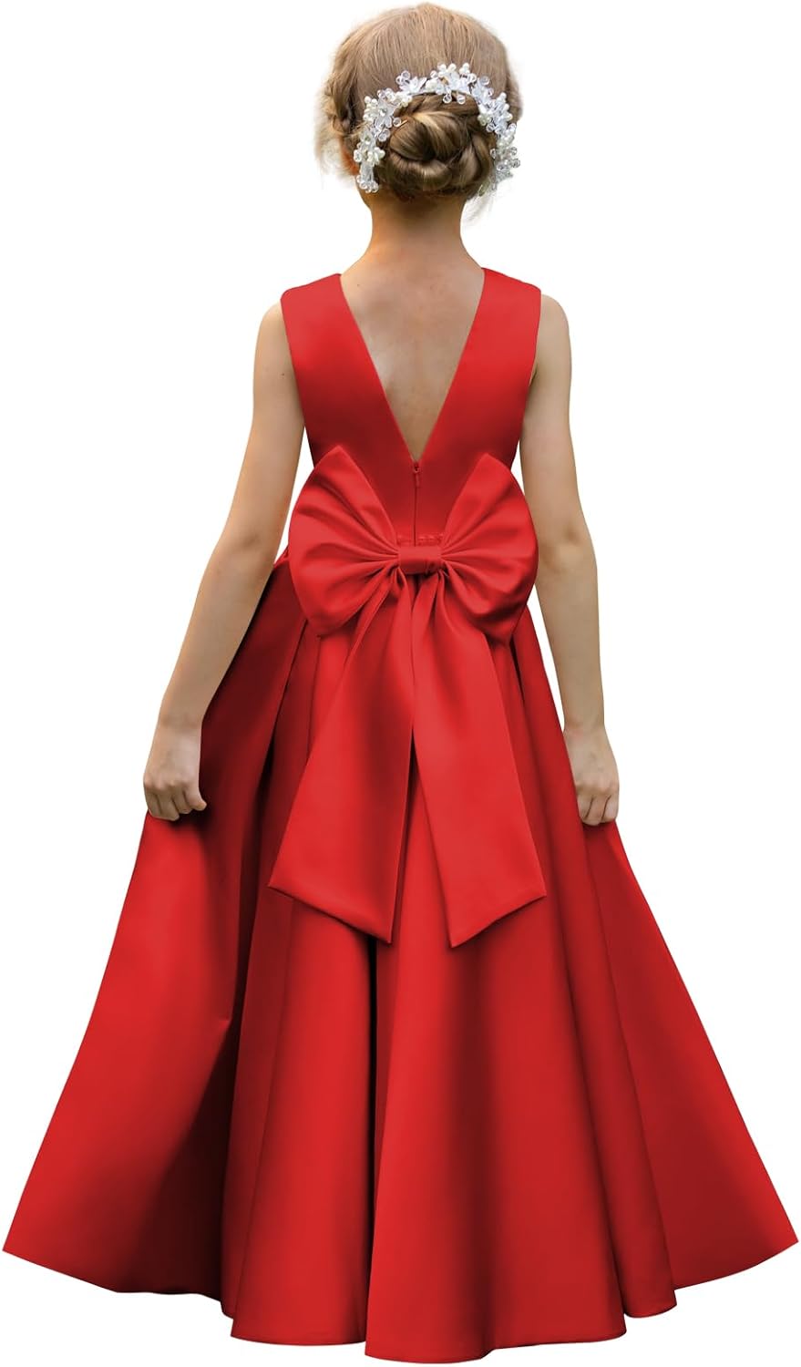 Satin Flower Girl Dresses for Wedding with Bow and Pearls