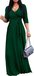 Women Plus Size Long Maxi Wrap Dress V-Neck 3/4 Sleeve (Style Z38T)