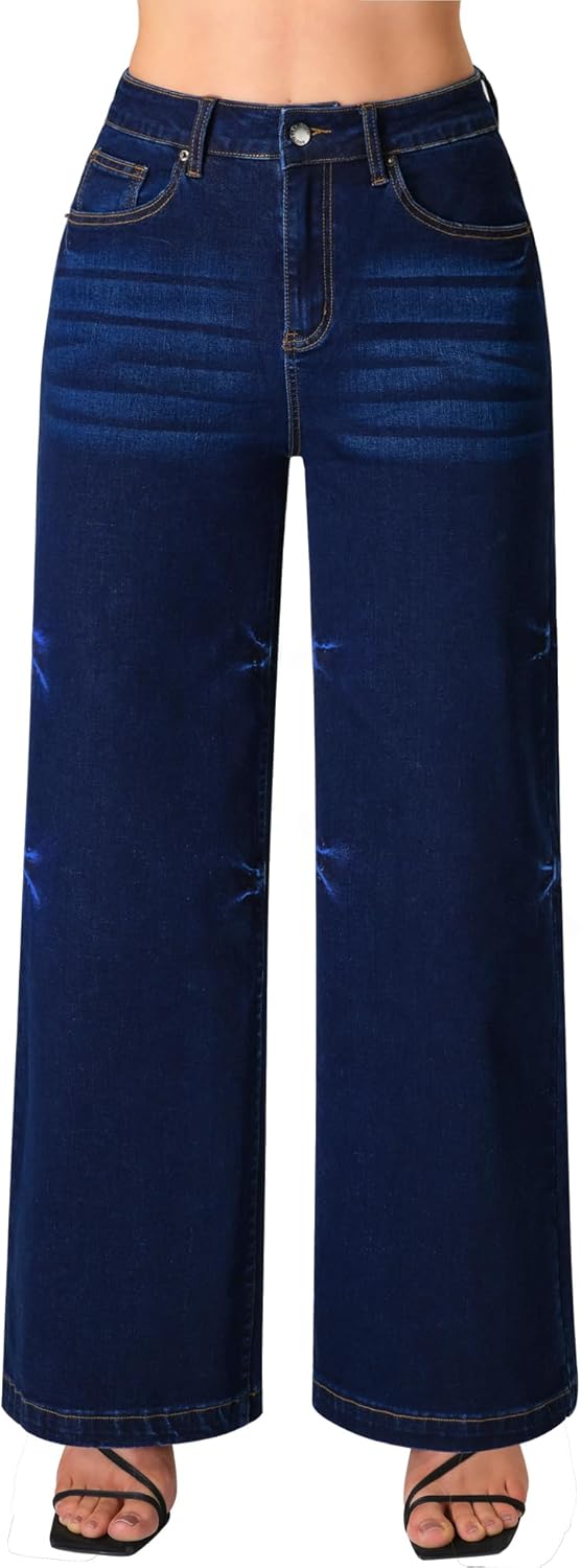 Roswear Women's Wide Leg Jeans High Waisted Stretchy Denim Pants