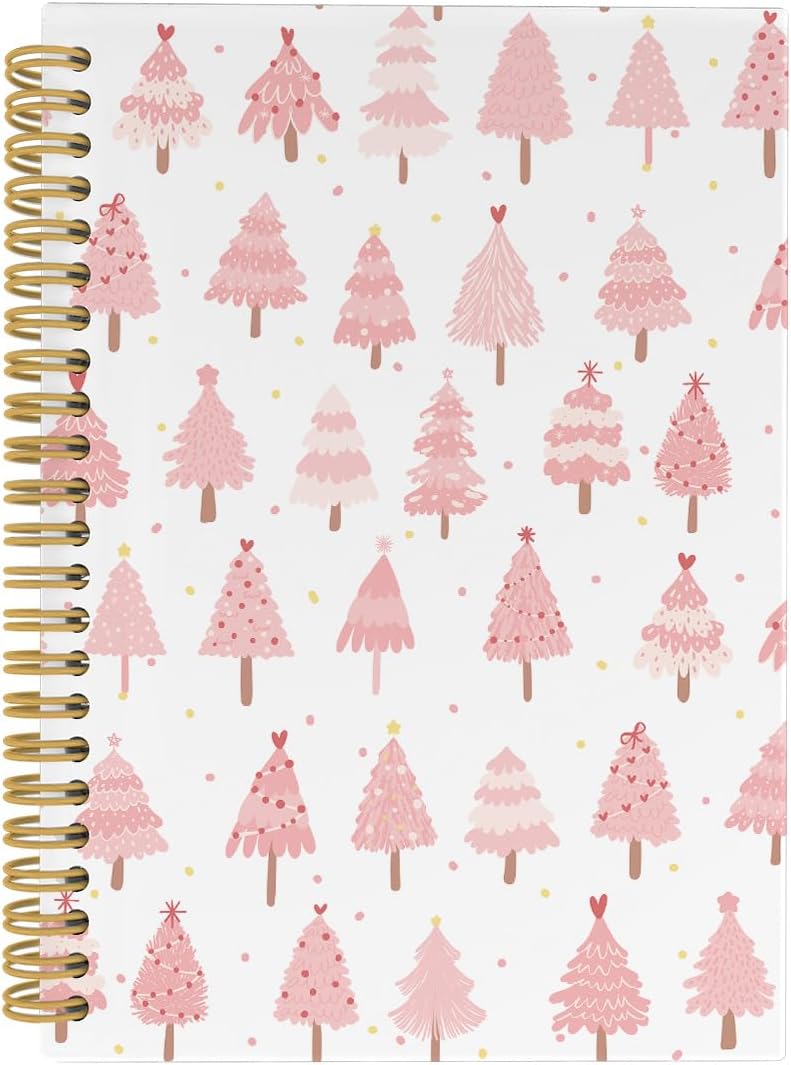 Preppy Pink Christmas Spiral Notebook - 164 College Ruled Pages - Girly Winter Journal