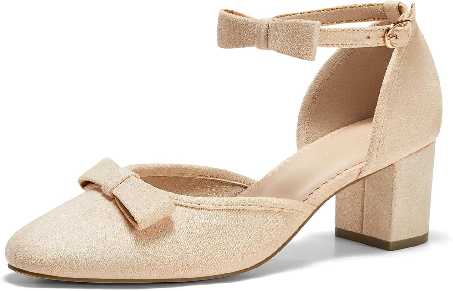 Coutgo Womens Chunky Low Heels Bow Closed Toe Ankle Strap Pumps