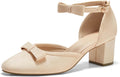 Suede Womens Chunky Low Heels with Bow and Ankle Strap - Elegant Pumps