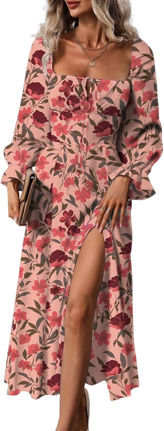 Stylish Womens Casual Square Neck Long Sleeve Floral Midi Dress