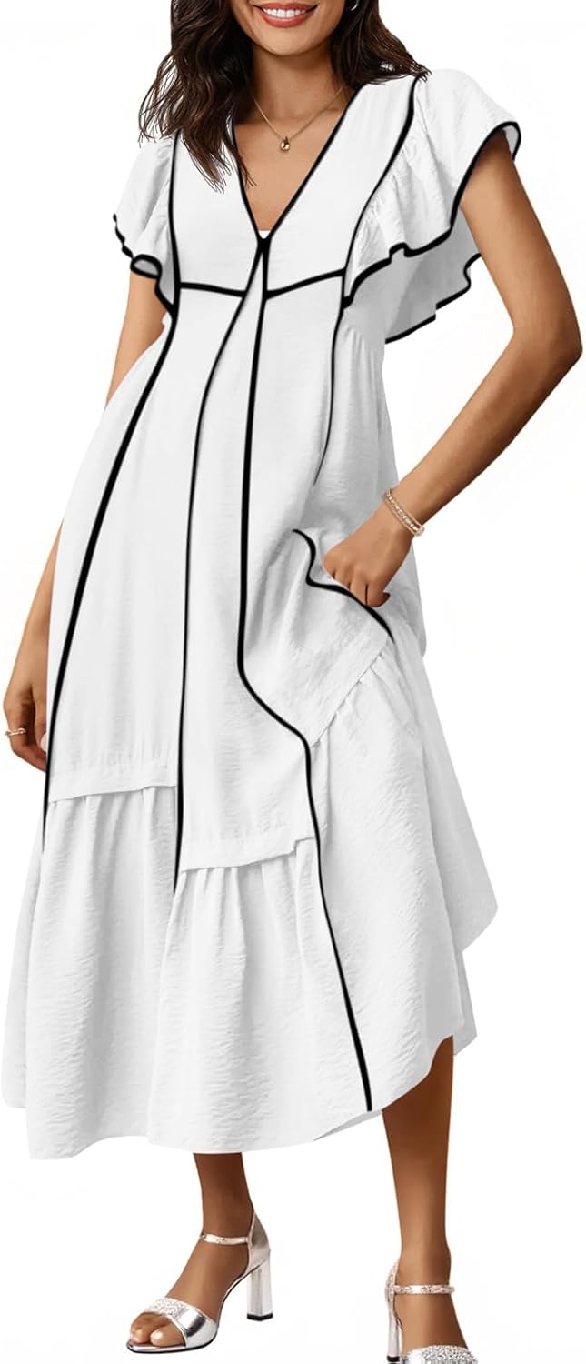 Wenrine Womens Summer V Neck Midi Dress with Ruffle Sleeves