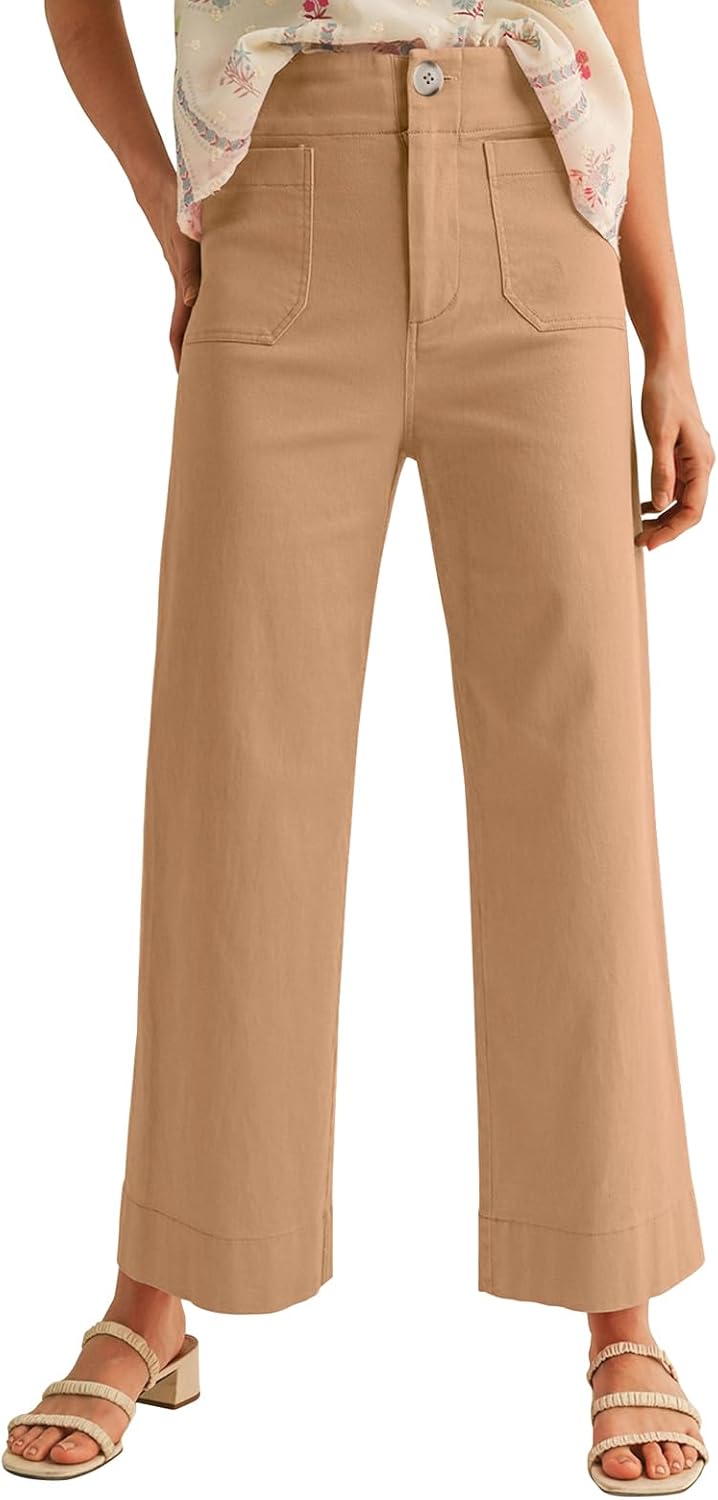 High Waisted Cropped Wide Leg Stretchy Pants with Pockets