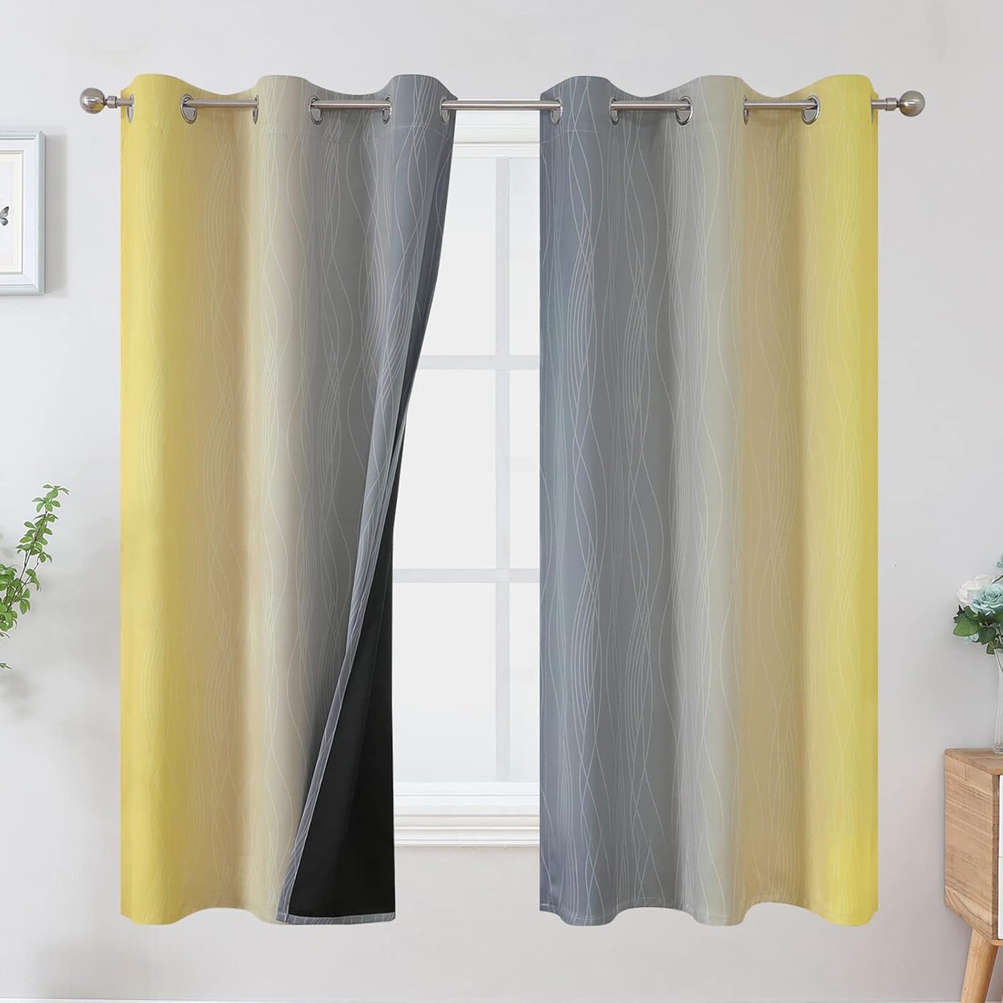 Ombre Gray and Yellow Blackout Curtains for Full Room Darkening