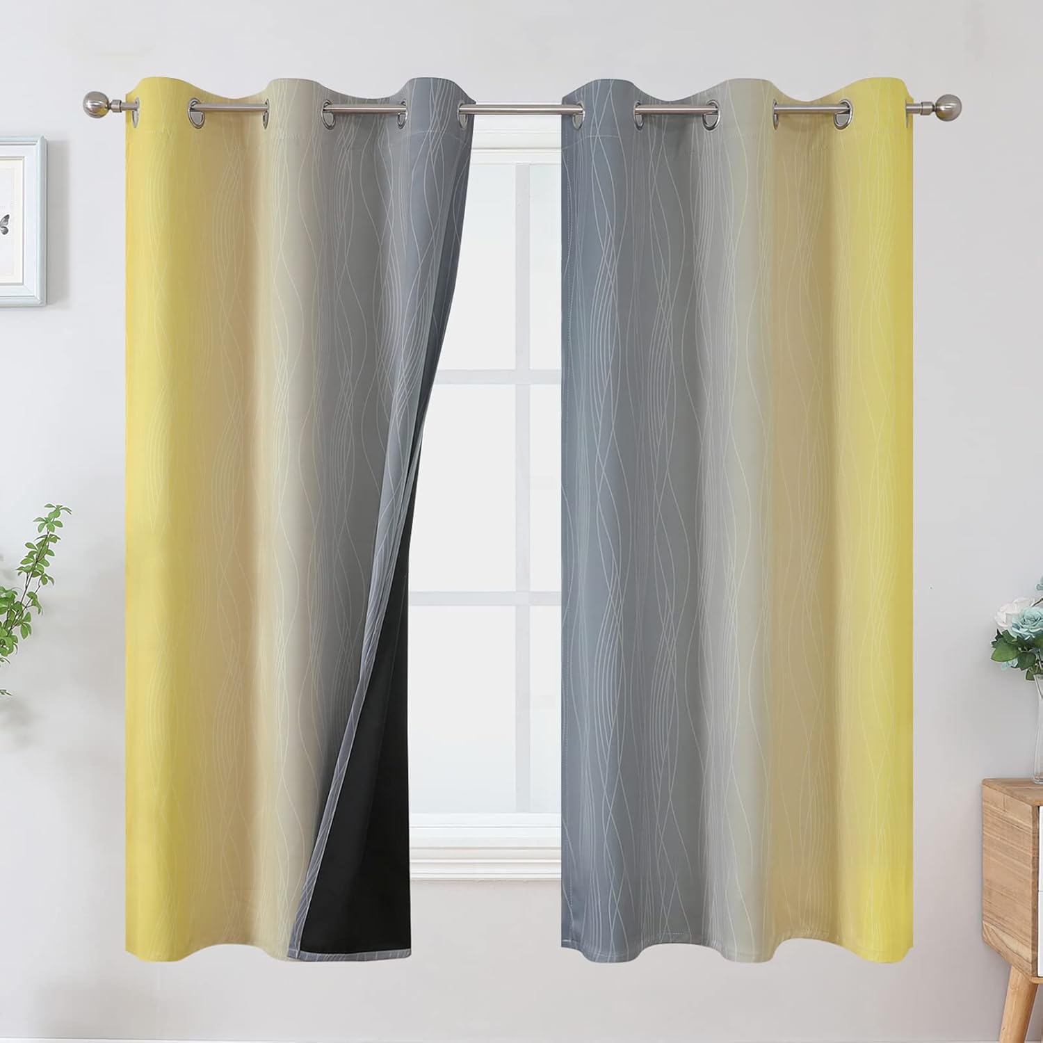 Ombre Gray and Yellow Blackout Curtains for Full Room Darkening