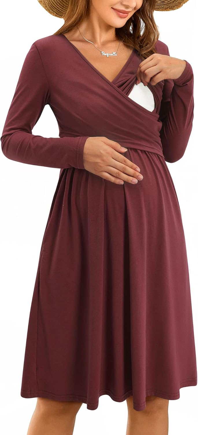 OUGES Womens V-Neck Maternity Dress for Nursing and Baby Showers