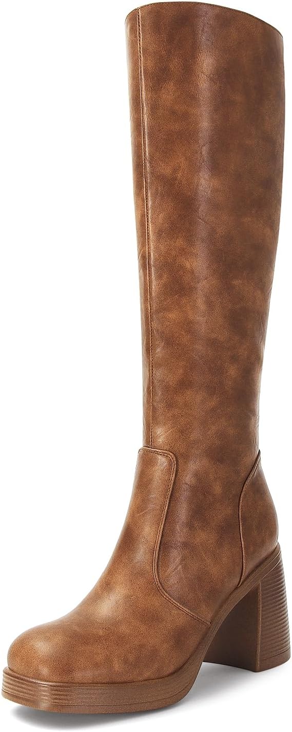SOVANYOU Black Leather Platform Boots for Women with Chunky Heels