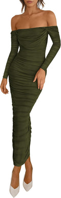 Womens Off Shoulder Mesh Ruched Maxi Dress - Elegant Bodycon