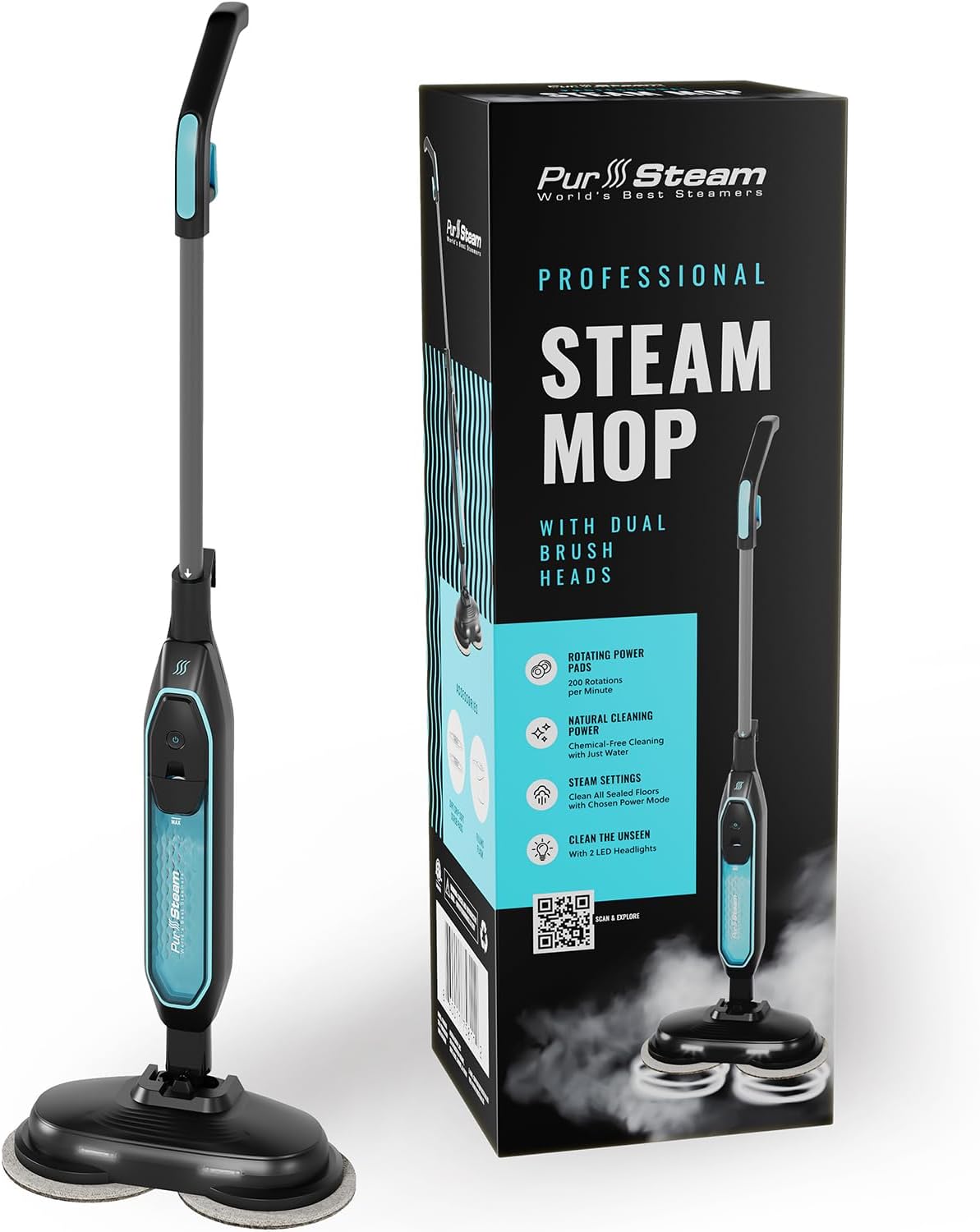 Pursteam ScrubMaster Steam Mop with Dual Scrubbing Head Features