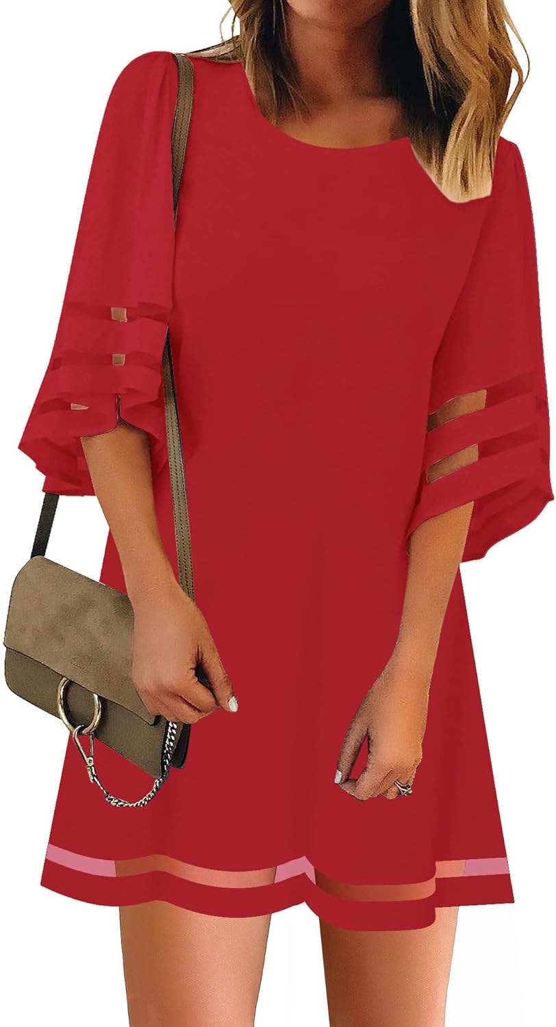 Casual Crewneck Mesh Panel Bell Sleeve Tunic Dress for Women
