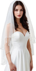 Fingertip Length Wedding Veil with Pearls and Crystals Edge