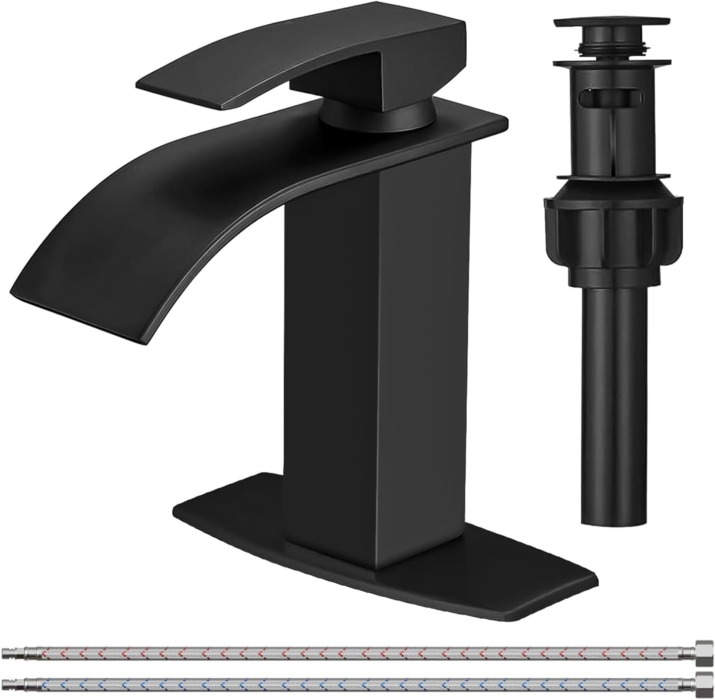 BESy Black Waterfall Bathroom Faucet with Pop Up Drain Included