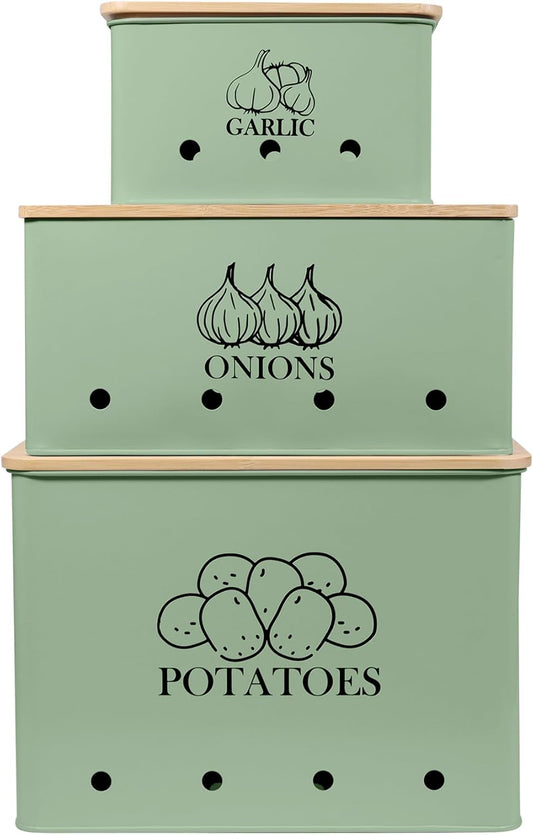 Kitchen Vegetable Storage Tins Set of 3 for Potato Onion Garlic
