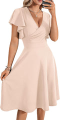 Women's Warp V Neck Ruffle Short Sleeve A-Line Midi Dress - Flattering
