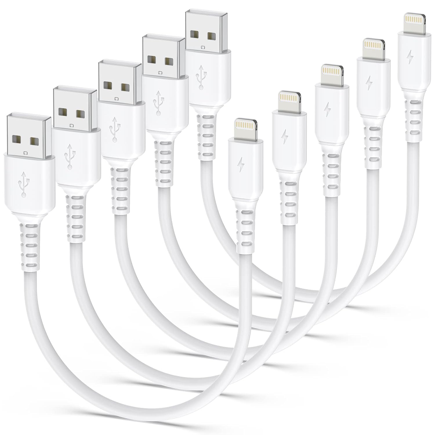 5 Pack Fast Charging iPhone Lightning Cables - MFi Certified - 1ft