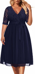 Plus Size Lace Chiffon Wrap V Neck Dress for Women - Navy Midi