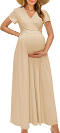 OUGES Maternity Maxi Dress Wrap V Neck - Flattering Pregnancy Dress