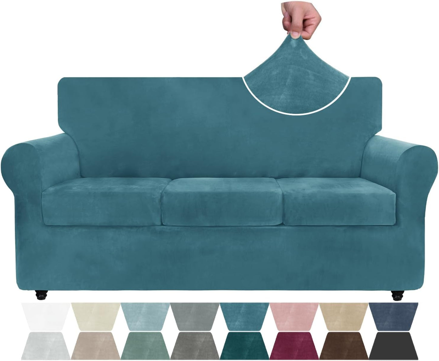 Luxury Velvet Couch Cover for 3 Cushion Sofa - Peacock Blue