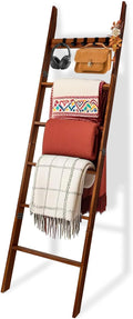 Wooden Blanket Ladder with Removable Hooks - 6-Tier 5.66 ft Rustic