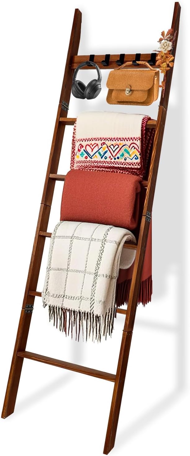 Wooden Blanket Ladder with Removable Hooks for Home Decor