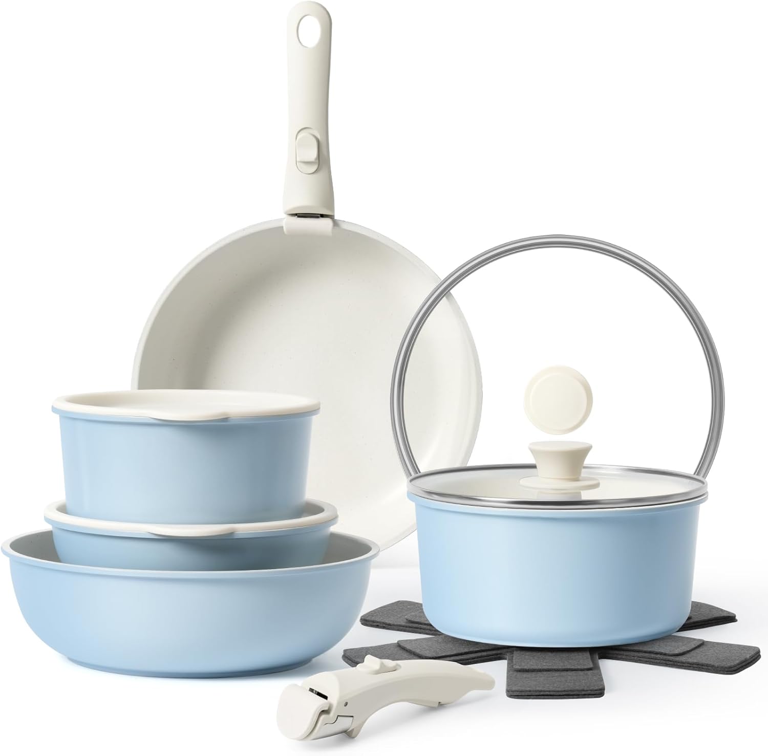 15Pcs Non Stick Pots and Pans Set with Detachable Handle