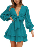 Deep V Neck Knotted Tiered Chiffon Mini Dress - Elegant Swing Dress
