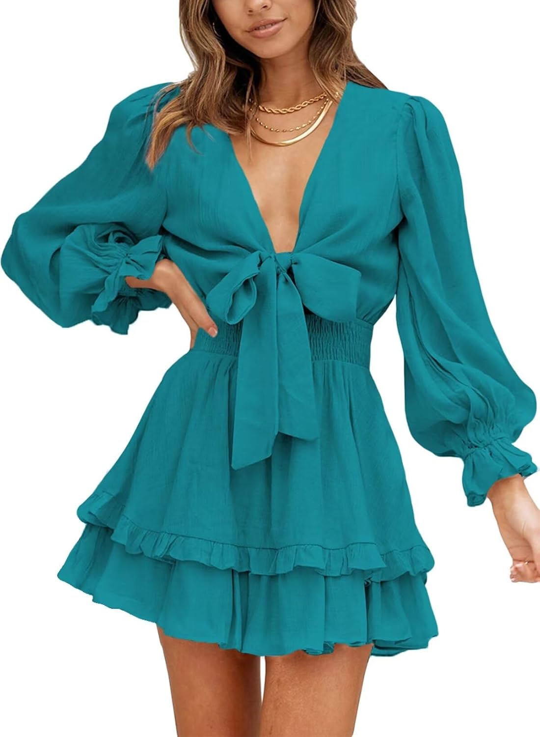 Dokotoo Womens Casual Deep V Neck Knotted Mini Dress for Fall
