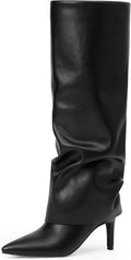 Knee High Boots Women Fold Over Pointed Toe Stiletto Heel