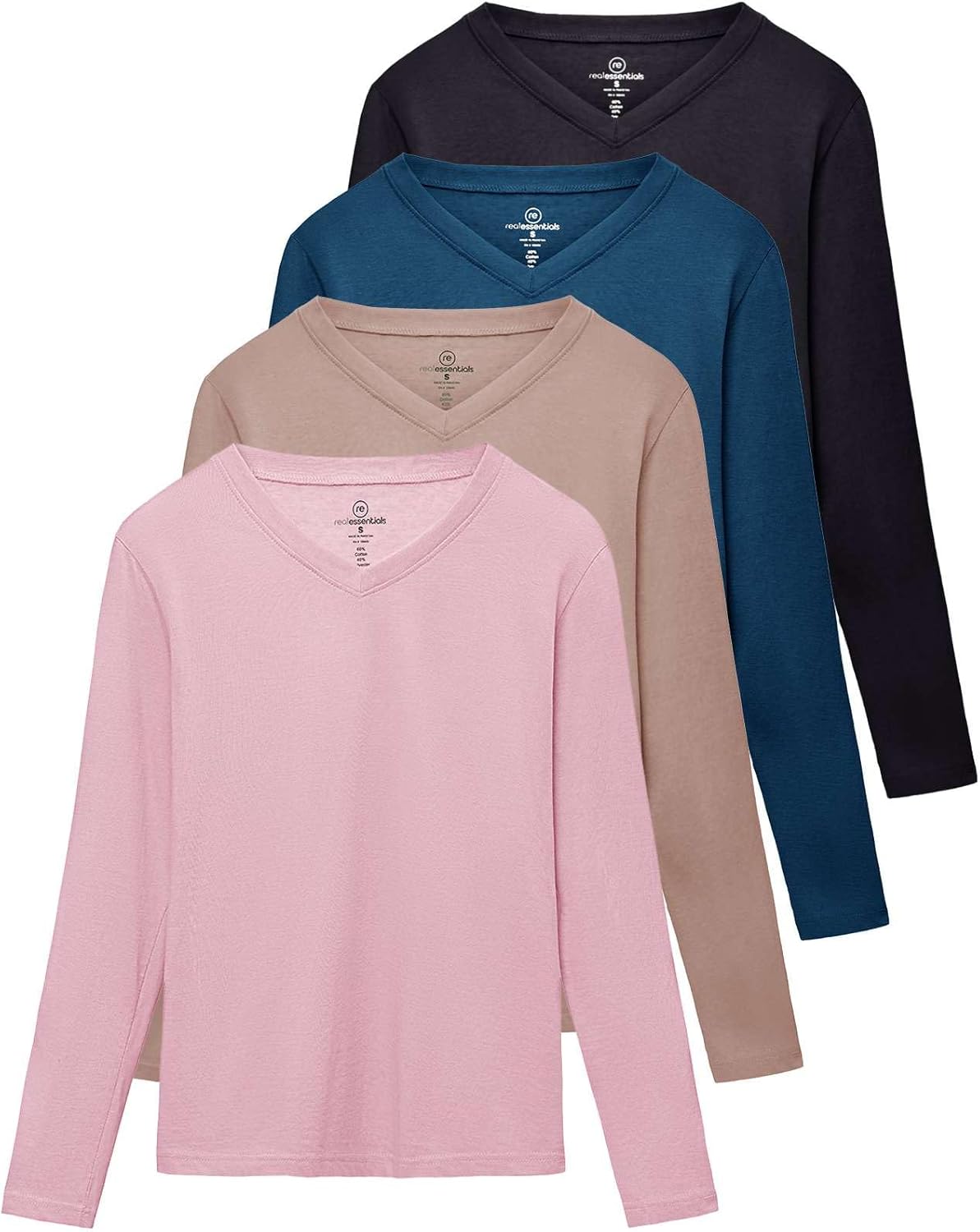 Real Essentials Women's V-Neck Long Sleeve T-Shirt 4 Pack