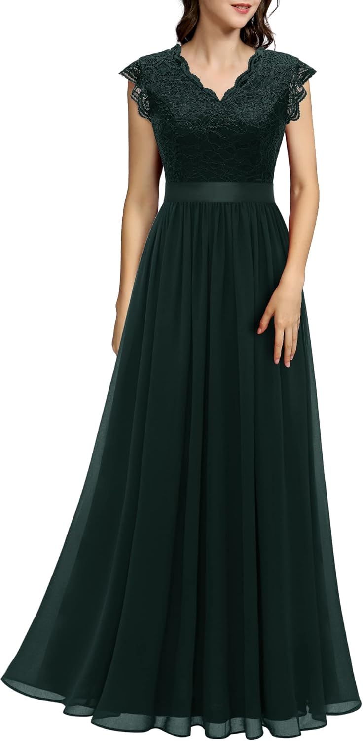 Elegant V Neck Sleeveless Lace Bridesmaid Dress for Weddings