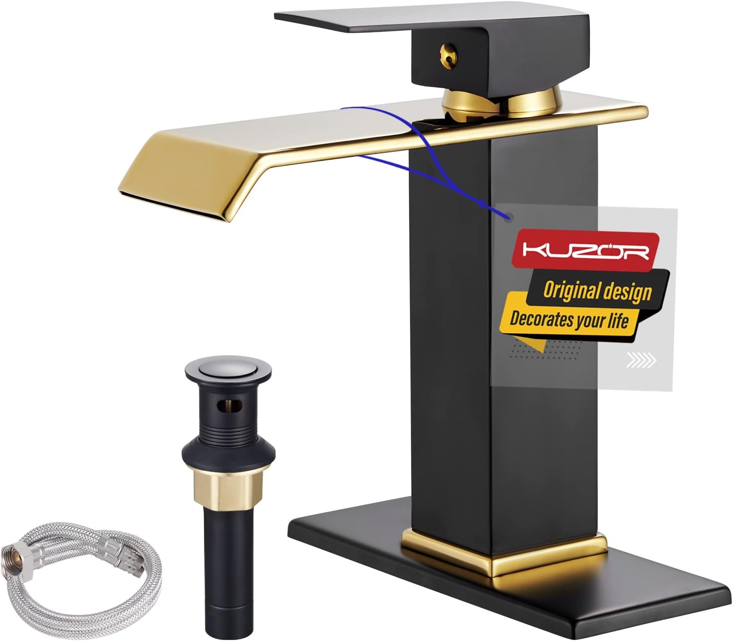 Black & Gold Waterfall Bathroom Sink Faucet for Modern Vanities