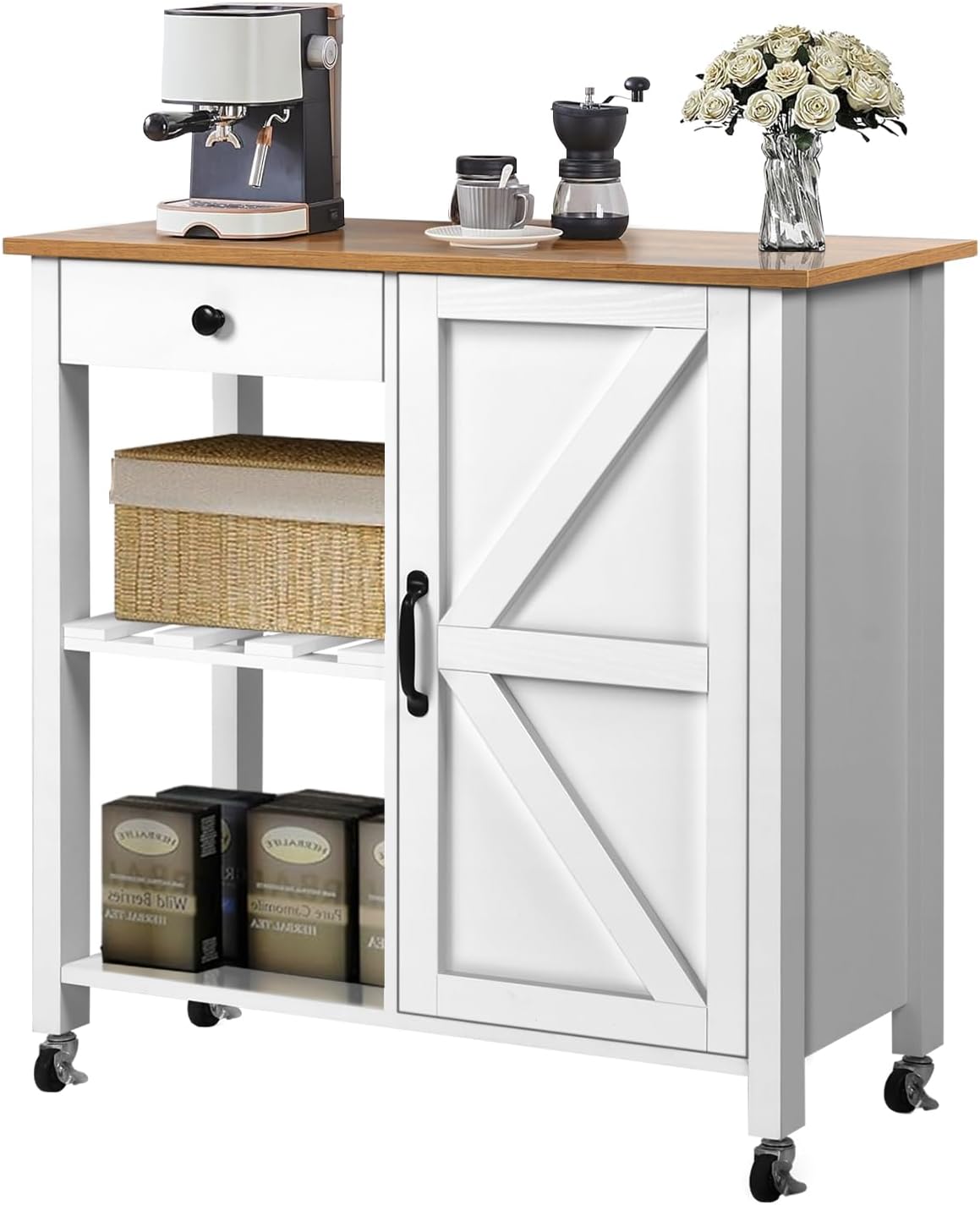 Farmhouse Kitchen Island w/ Swivel Wheels - White