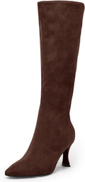 Coutgo Womens Knee High Boots with Pointed Toe and Kitten Heel
