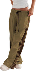 Womens Wide Leg Palazzo Pants with Side Stripe - High Rise Drawstring