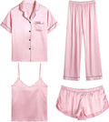 Womens Silk Satin Pajamas Sets 4pcs Sleepwear Cami Shorts Set - Silky
