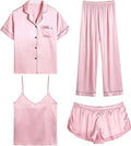 SWOMOG Womens 4pcs Satin Pajama Set - Silk Feel Loungewear