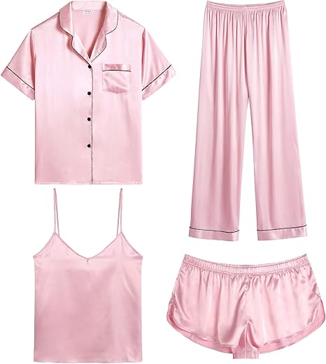 SWOMOG Womens Silk Satin Sleepwear 4pcs Pajamas Sets Review